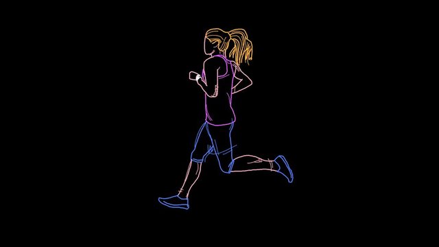 4K line drawing of a lady running in a loop video, colored ink on black background.