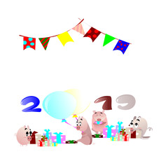 Obraz premium Animal illustration, Happy New Year 2019 funny calendar design with Flat cartoon Character .Creative postcard with cute pig concept.