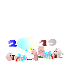Animal  illustration, Happy New Year 2019 funny calendar design with Flat cartoon Character  .Creative postcard with cute pig concept.