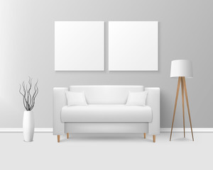 Vector 3d Realistic Render White Sofa, Couch with Pillows in Simple Style in Modern Room - Apartment, Salon, Art Gallery, Living Room, Reception, Lounge or Office Interior. White Posters On the Wall