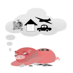    Vector icon piggy bank and money . flat  illustration isolated on white background. The concept of saving money, investment ,banking or business service. Cute animal clip art cartoon character.