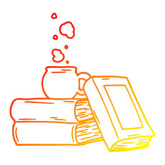 warm gradient line drawing cartoon coffee cup and study books