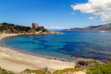 Fortezza Vecchio beach with crystal clear blue water in Villasimius, Sardinia. Holidays, the best beaches in Sardinia.