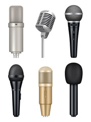 Microphones realistic. Professional media music studio equipment metal sound mic vector pictures. Illustration of mic and microphone for karaoke or media