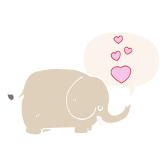 cute cartoon elephant and love hearts and speech bubble in retro style