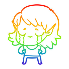 rainbow gradient line drawing cartoon crying elf girl
