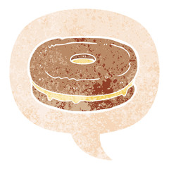 cartoon biscuit and speech bubble in retro textured style