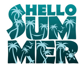 emblem of hello summer lettering with palm trees isolated