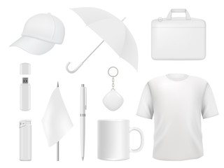 Corporate identity. Business souvenir items clothes packaging stickers pen badge lighter vector empty mockup template. Illustration of t-shirt and umbrella, flag and lighter, cap and cup