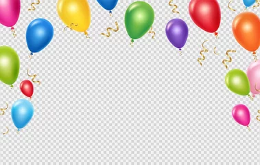 Fotobehang Celebration vector background template. Realistic balloons and ribbons banner design. Illustration of birthday balloon realistic, festive celebrate poster © ONYXprj