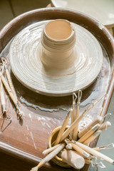 close-up of clay and pottery tools for modeling