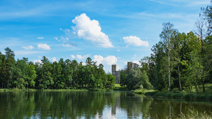 Beautiful summer landscape with a pond near the old Palace. Gatchina. Russia