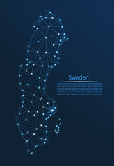 Sweden communication network map. Vector low poly image of a global map with lights in the form of cities in or population density consisting of points and shapes in the form of stars and space.