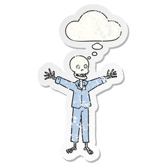 cartoon skeleton wearing pajamas and thought bubble as a distressed worn sticker