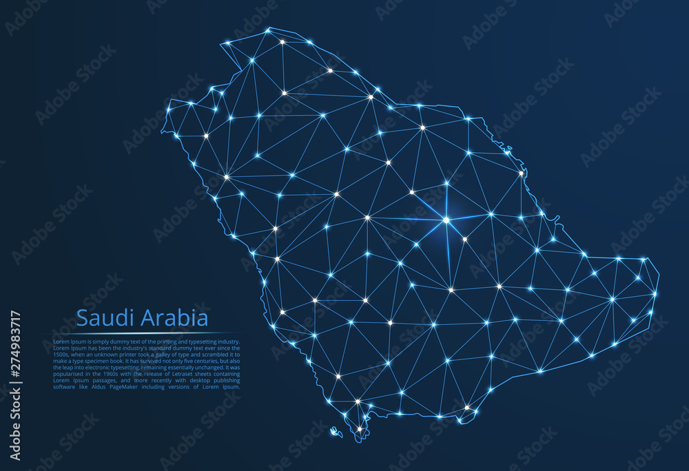 Poster saudi arabia communication network map. vector low poly image of a global map with lights in the for
