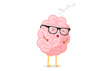 Cute cartoon smart human brain with glasses relaxation. Central nervous system sleeping organ funny vector illustration