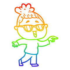 Fototapeta premium rainbow gradient line drawing cartoon happy woman wearing spectacles