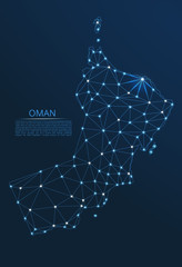 Oman communication network map. Vector low poly image of a global map with lights in the form of cities in or population density consisting of points and shapes in the form of stars and space.