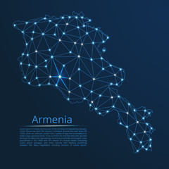Armenia communication network map. Vector low poly image of a global map with lights in the form of cities in or population density consisting of points and shapes in the form of stars and space.