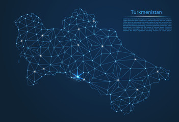 Turkmenistan communication network map. Vector low poly image of a global map with lights in the form of cities in or population density consisting of points and shapes in the form of stars and space.
