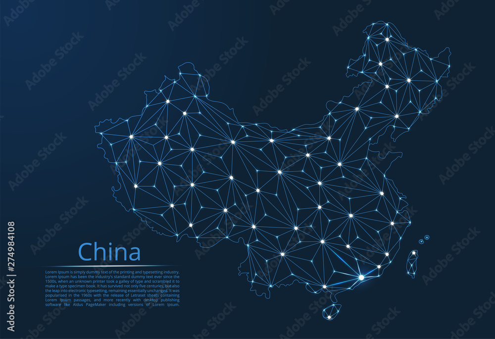 Poster china communication network map. vector low poly image of a global map with lights in the form of ci