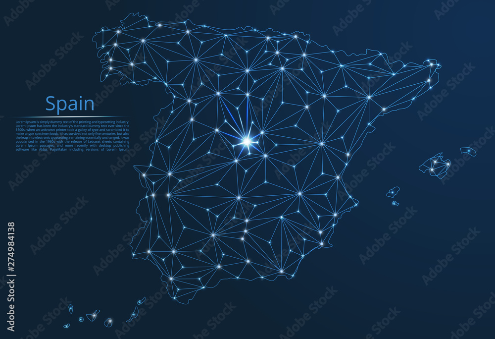 Poster spain communication network map. vector low poly image of a global map with lights in the form of ci