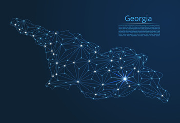 Georgia communication network map. Vector low poly image of a global map with lights in the form of cities in or population density consisting of points and shapes in the form of stars and space.