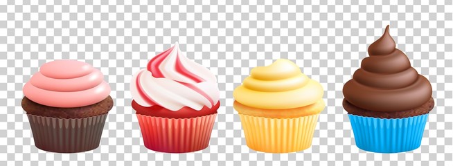 Realistic cupcakes with cream. Vector muffins isolated on transparent background. Illustration of cupcake chocolate, cake for birthday