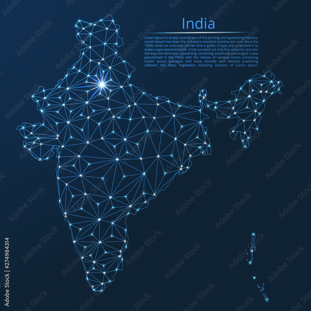 Poster india communication network map. vector low poly image of a global map with lights in the form of ci