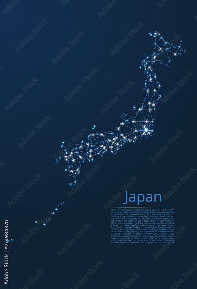 Poster japan communication network map. vector low poly image of a global map with lights in the form of ci
