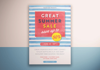 Summer Sale Flyer Layout with Blue and White Stripes