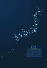 Japan communication network map. Vector low poly image of a global map with lights in the form of cities in or population density consisting of points and shapes in the form of stars and space.