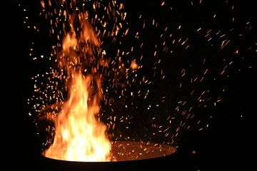 fire at night with sparks, fireworks