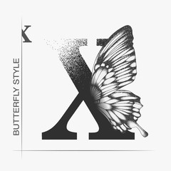 Letter X with butterfly silhouette. Monarch wing butterfly logo template isolated on white background. Calligraphic hand drawn lettering design. Alphabet concept. Monogram vector illustration