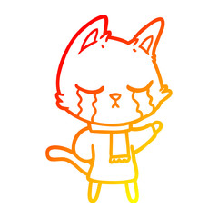 warm gradient line drawing crying cartoon cat wearing winter clothes