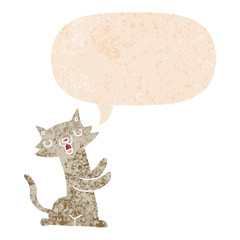 cartoon cat and speech bubble in retro textured style