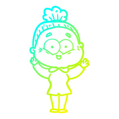 cold gradient line drawing cartoon happy old woman