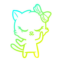 cold gradient line drawing cute cartoon cat with bow