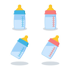 Fototapeta premium Set of scalable plastic or glass baby bottles with milk or water blue for boy and pink for girl isolated on white background with shadows. Vector illustration. Cartoon flat style.