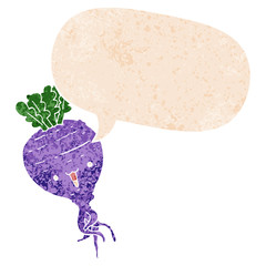 cartoon turnip and speech bubble in retro textured style