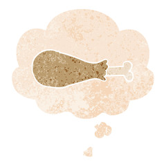 cartoon chicken leg and thought bubble in retro textured style