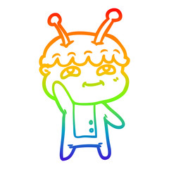 rainbow gradient line drawing friendly cartoon spaceman waving