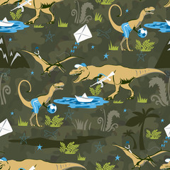 Play Lover Dinosaur Seamless pattern for kids fashion. Childish Background with Cute Dinosaurs.