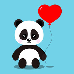 Fototapeta premium Isolated romantic sweet and cute baby panda bear in sitting pose with red heart shaped balloon on blue background. Adorable chinese symbol. unny character. Vector illustration in cartoon flat style.
