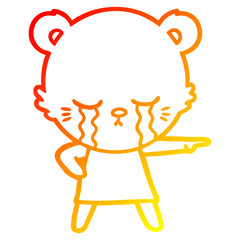 warm gradient line drawing crying cartoon bear in dress pointing