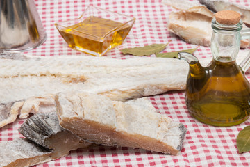 Fototapeta na wymiar salted codfish on table cloth