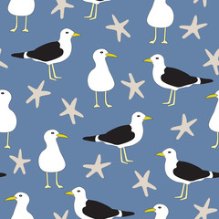 Seamless repeat vector pattern featuring seagulls and starfish