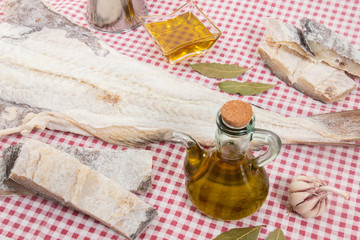Fototapeta na wymiar salted codfish on table cloth