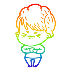 rainbow gradient line drawing cartoon frustrated woman