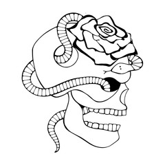 Vector black and white hand drawn illustration, skull with snake, rose tooth, silhouette face of human Print horror for t shirt Mexican style, day of the dead Mexico, halloween Sketch, tattoo drawing.